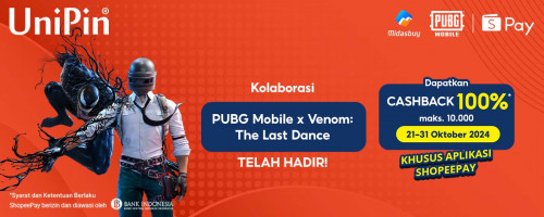 Oktober – Kolaborasi PUBG Mobile x Venom The Last Dance Telah Hadir! Top up Unknown Cash  di UniPin Cashback 100% Hingga 10.000 Koin Shopee
